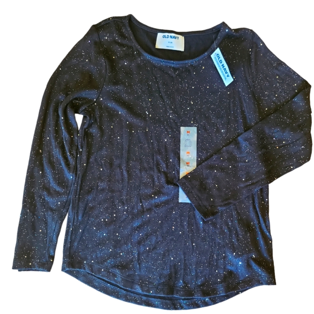 Old Navy long sleeve t-shirt, black with sparkles, size 8, girls medium